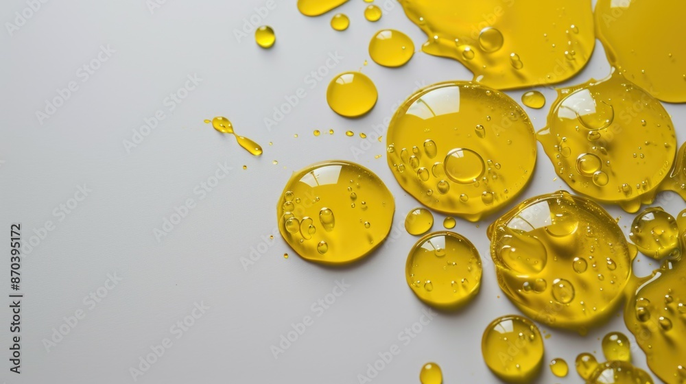 Fototapeta premium A collection of yellow drops of liquid on a white background. The drops are of different sizes and are scattered all over the surface. Concept of playfulness and creativity