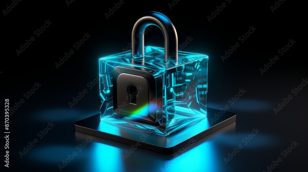 Digital polygonal padlock hologram on blue background with mock upsecurity concept. 3d render Digital polygonal padlock hologram on blue background with mock upsecurity concept. 3d render
