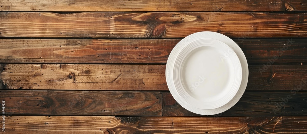 Wooden table with a white plate, showcasing a copy space image. Wooden table with a white plate, showcasing a copy space image.