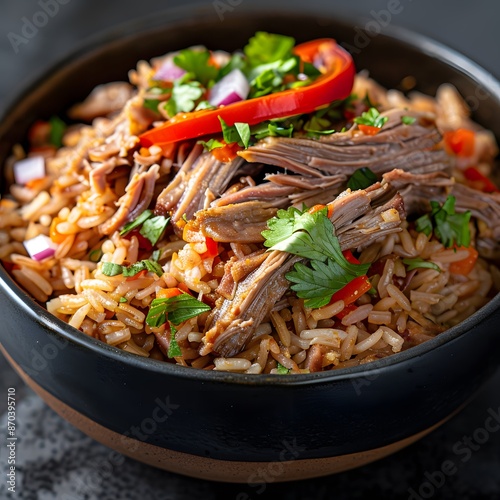 Delicious Bowl of Rice with Pulled Meat and Vegetables