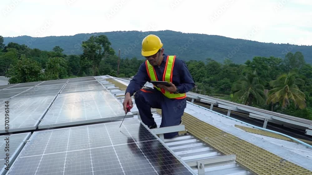 Asian engineer uses tablet to inspect rooftop solar cell installation, renewable solar energy technology Asian engineer uses tablet to inspect rooftop solar cell installation, renewable solar energy technology
