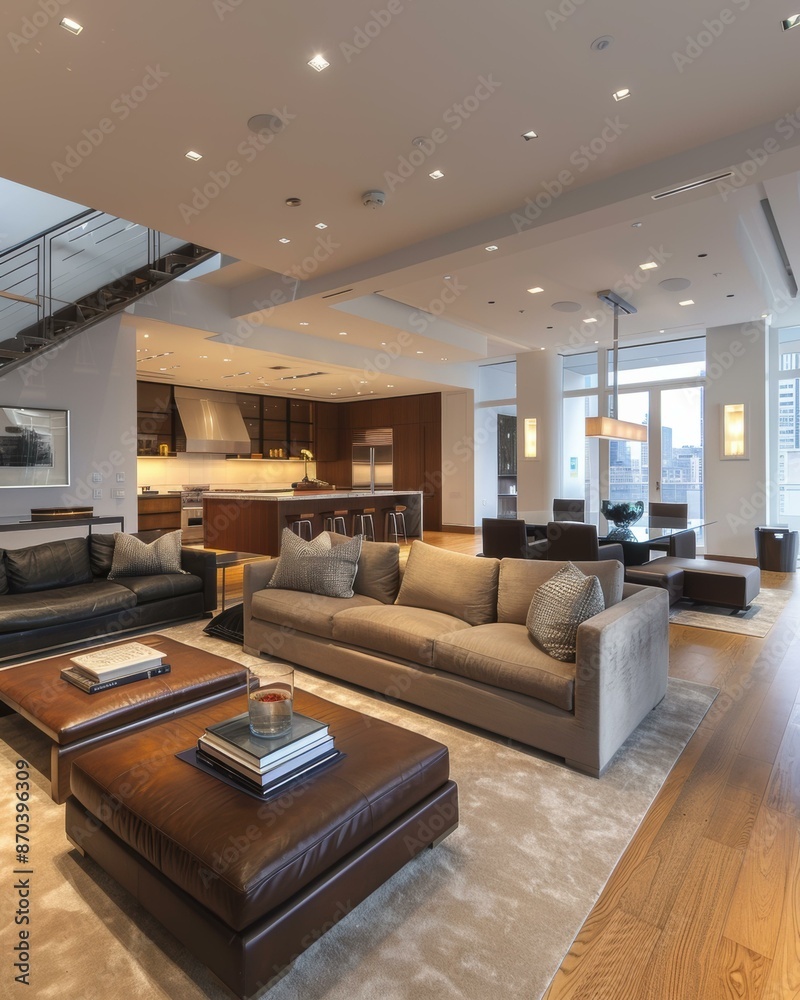 Fototapeta premium Luxurious living room with modern furniture and a stunning view of the city. AI.