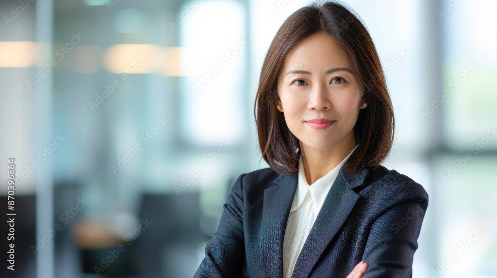 Elegant Asian businesswoman portrait, stylish corporate outfit, modern office background, poised demeanor Elegant Asian businesswoman portrait, stylish corporate outfit, modern office background, poised demeanor