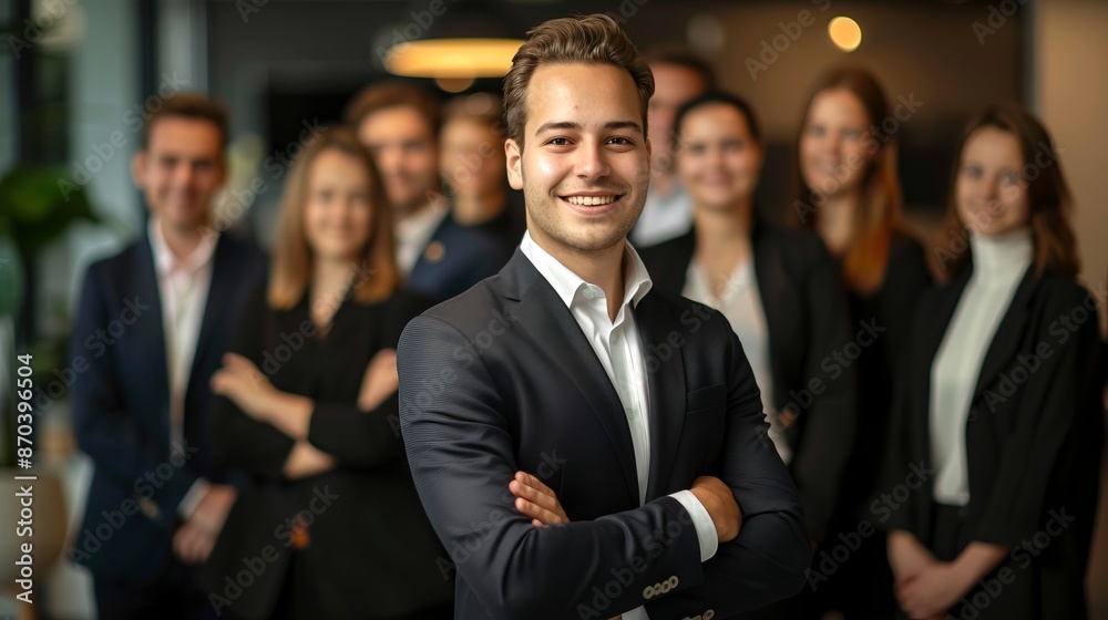 Group of young professionals in a modern office, smiling confidently at the camera. Business casual style, ideal for teamwork and corporate success themes. Office environment with teamwork. AI