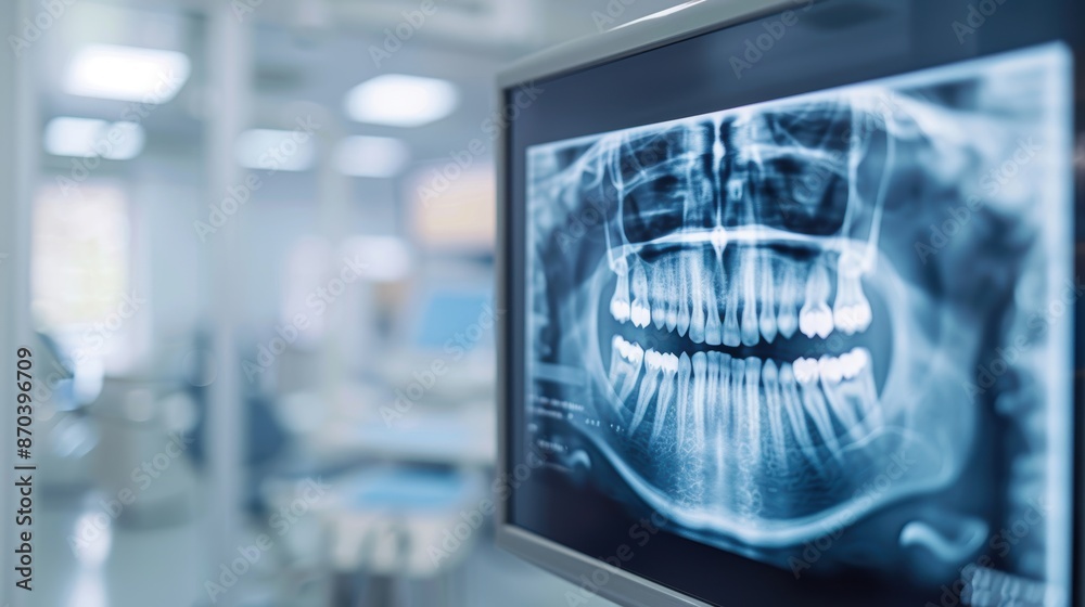 Digital dental x-ray, advanced imaging technology, sleek modern clinic, precise diagnostics, high-tech healthcare Digital dental x-ray, advanced imaging technology, sleek modern clinic, precise diagnostics, high-tech healthcare