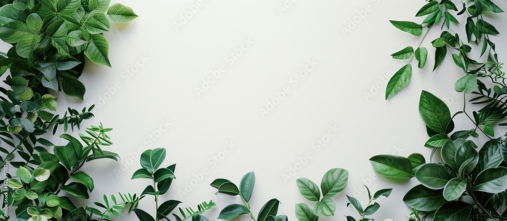 Copy space image featuring tropical green leaves and branches on a white background, creating a lush foliage backdrop. Copy space image featuring tropical green leaves and branches on a white background, creating a lush foliage backdrop.