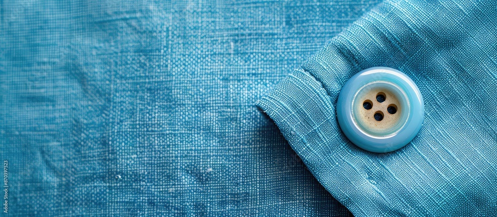 Button sewn onto a blue fabric swatch background with copy space image.