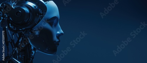 A profile of a humanoid head robot in a banner style