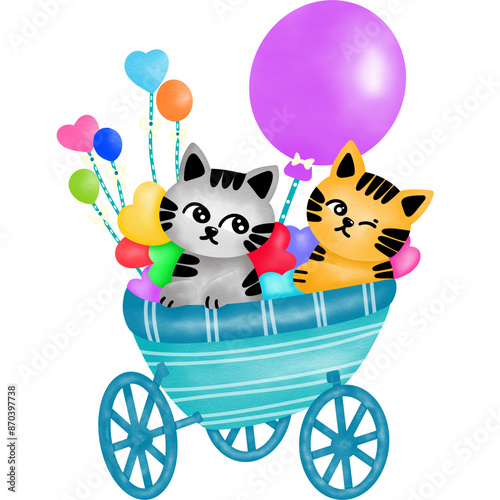 cats and balloons in basket bicycle