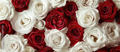 Fototapeta Naklejka Na Ścianę i Meble -  A holiday greeting card background features white and red roses from a top view, allowing for copy space image integration.