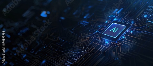Futuristic digital technology background with chip and hologram text 