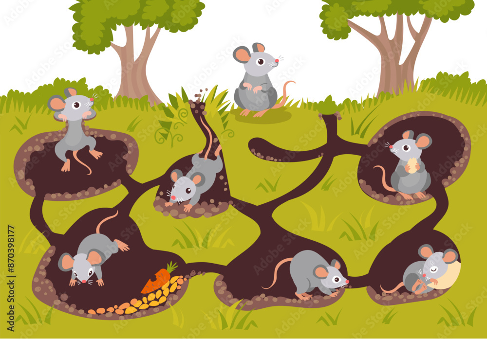 Naklejka premium Mice in burrows. Cartoon animals in hole connected by underground passages. Cute rodents sleep, eat and dig ground. Forest creature. Rats in soil hollow tunnels. Splendid vector concept