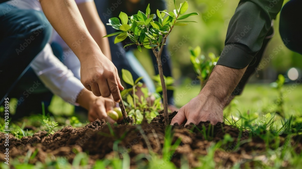 Fototapeta premium Collaborative hands plant a small tree in soil, symbolizing teamwork and environmental conservation in nature.