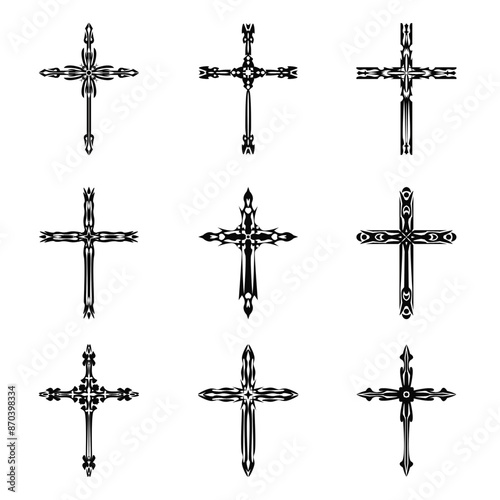 Christian cross vector icon symbols.  Abstract christian religious belief or faith art illustration for orthodox or catholic design. The symbol of the cross in various designs used in tattoo.	