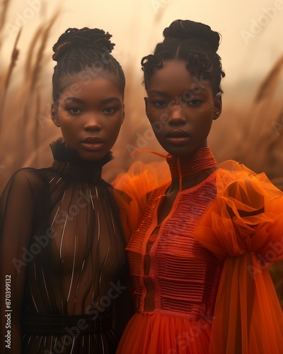 Elegant African Sisters in Designer Dresses Against Misty Backdrop photo