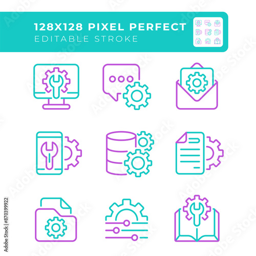 Technical configuration two color line icons set. Manual adjustments. Computer and smartphone settings. Customize bicolor outline iconset isolated. Duotone pictograms thin linear. Editable stroke