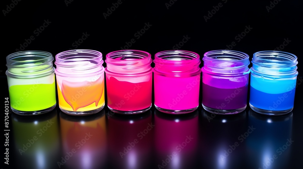 A vibrant display of six open jars filled with colorful neon paints lined up against a dark background reflecting light. A vibrant display of six open jars filled with colorful neon paints lined up against a dark background reflecting light.