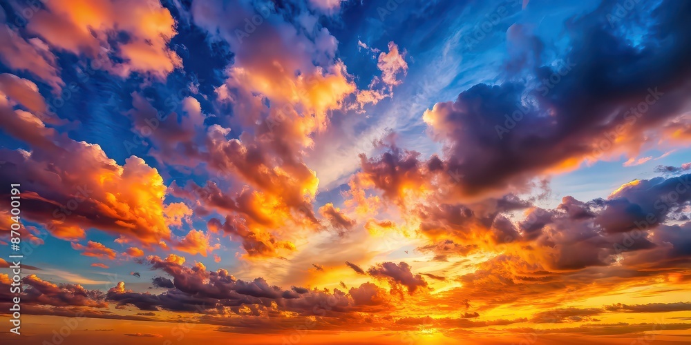 Fototapeta premium Vibrant sunset sky with fluffy clouds, sunset, sky, clouds, colorful, evening, nature, beauty, atmospheric, dramatic, peaceful