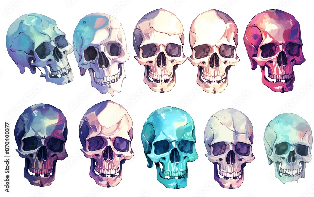 Colorful stylized skull illustrations in various hues, arranged in a grid layout on a white background for Halloween or artistic designs. Colorful stylized skull illustrations in various hues, arranged in a grid layout on a white background for Halloween or artistic designs.