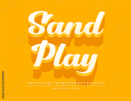 Vector advertising banner Sand Play. Cute Cursive Font. Stylish 3D Alphabet Letters and Numbers