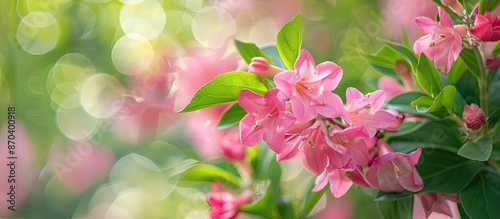Close-up pink Weigela hybrida Rosea flowers on a blurred green backdrop with a selective focus, ideal for nature-themed designs with copy space image. photo
