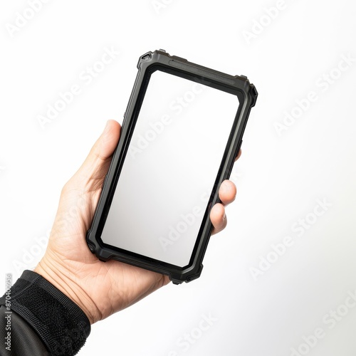 A hand holding a horizontal mockup phone screen with a rugged design, blank screen facing up, isolated on a white background. 
