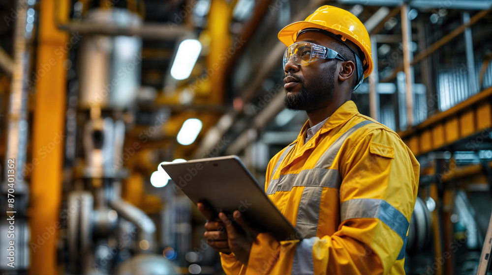 Industrial engineer holding digital tablet, controlling production process in factory Industrial engineer holding digital tablet, controlling production process in factory