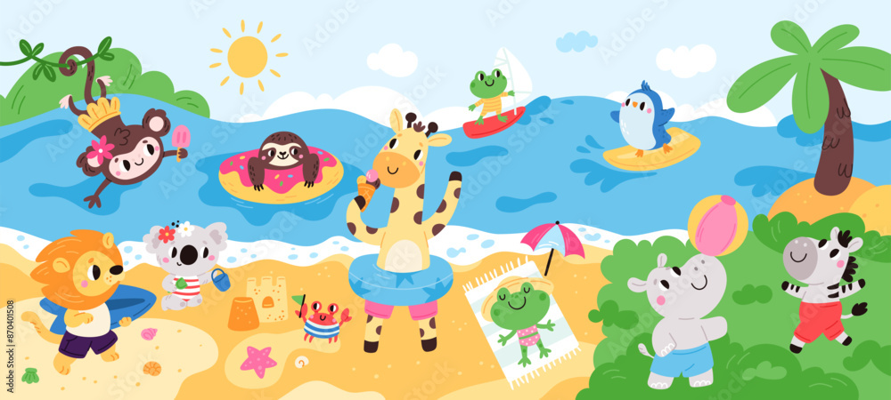 Obraz premium Happy little animals relaxing at sea. Summer beach holidays. Funny fauna characters swim and sunbathe. Summertime vacation. Sloth or frog in bikini. Penguin surfing. Garish vector concept