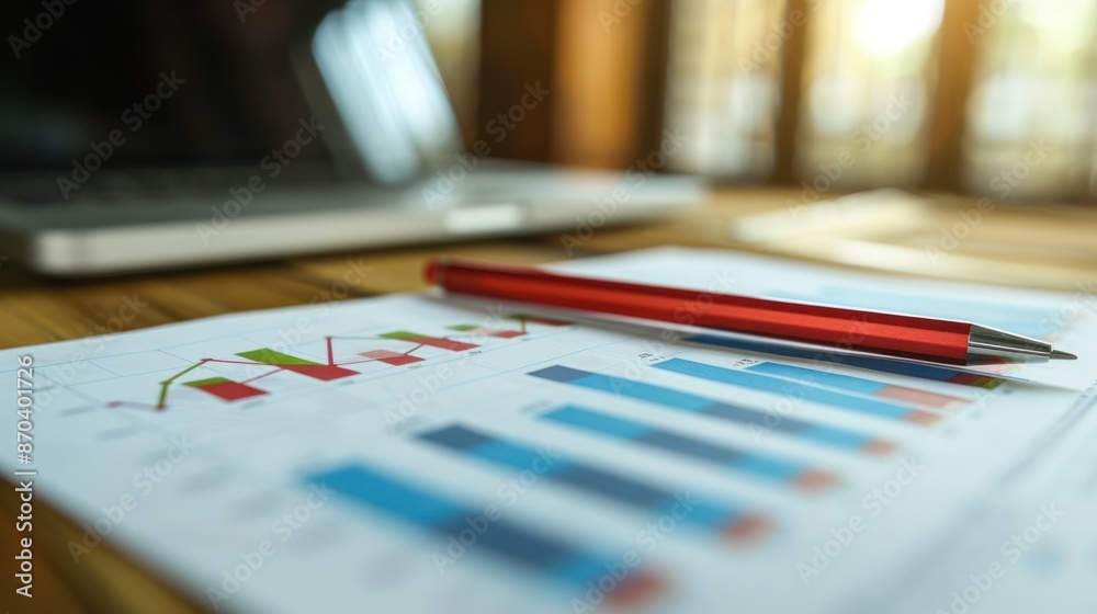 Business charts and graphs, analysis of data. Includes a red pen on a wooden desk with a blurred laptop in the background. Business charts and graphs, analysis of data. Includes a red pen on a wooden desk with a blurred laptop in the background.