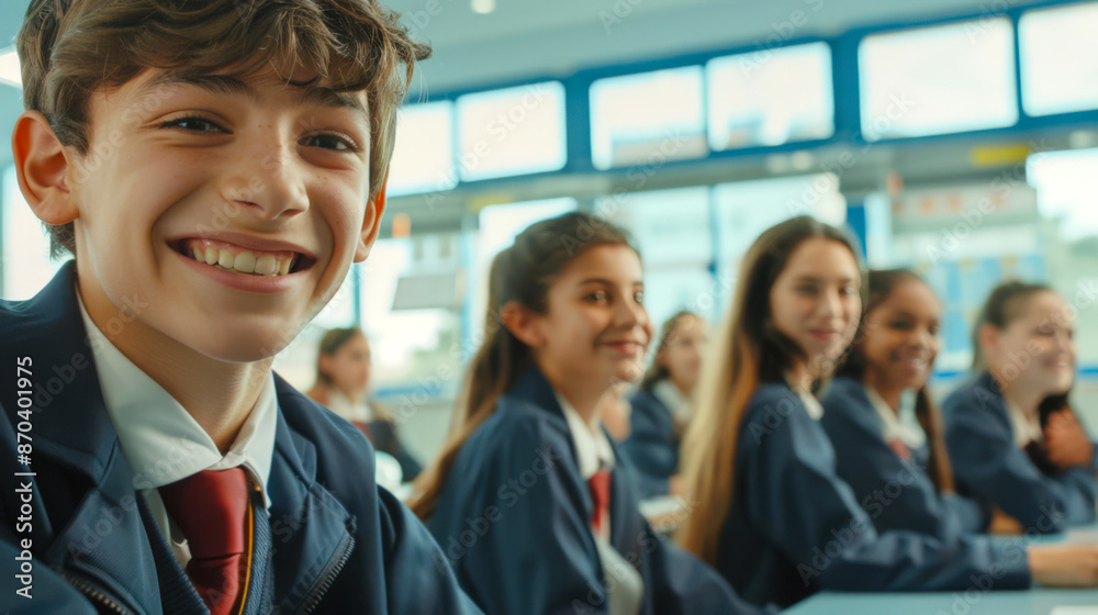 Funny schoolchildren in school uniforms in the classroom. A group of teenagers are sitting in a classroom, smiling and looking at the camera Funny schoolchildren in school uniforms in the classroom. A group of teenagers are sitting in a classroom, smiling and looking at the camera