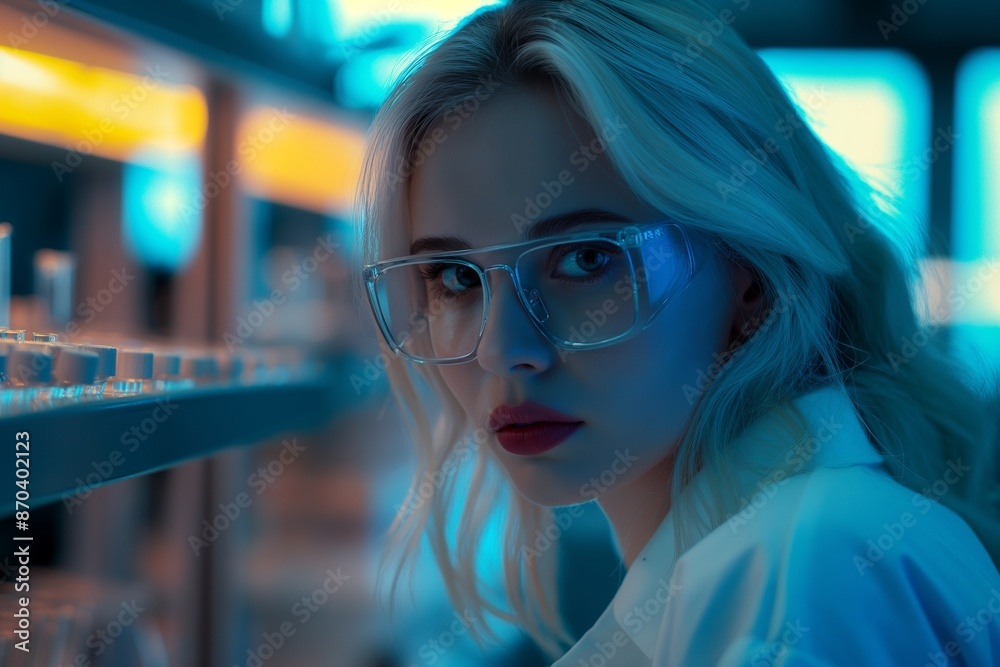 Striking Portrait of a Young Woman with Glasses in Neon Light Striking Portrait of a Young Woman with Glasses in Neon Light