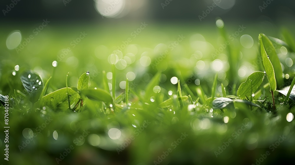 Intensely green grass in close up with garden background beautifully blurred in the distance Intensely green grass in close up with garden background beautifully blurred in the distance