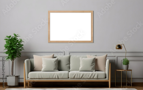 Modern interior with a blank wooden picture frame mockup
