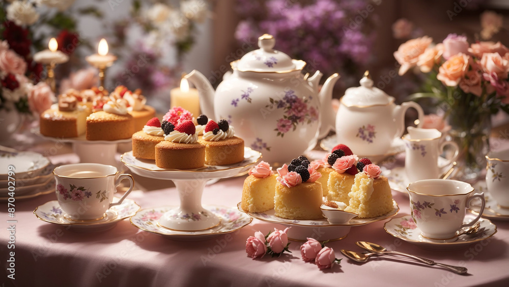 It's a table setting with a teapot, cups, and small cakes with berries on top.
It's a table setting with a teapot, cups, and small cakes with berries on top.