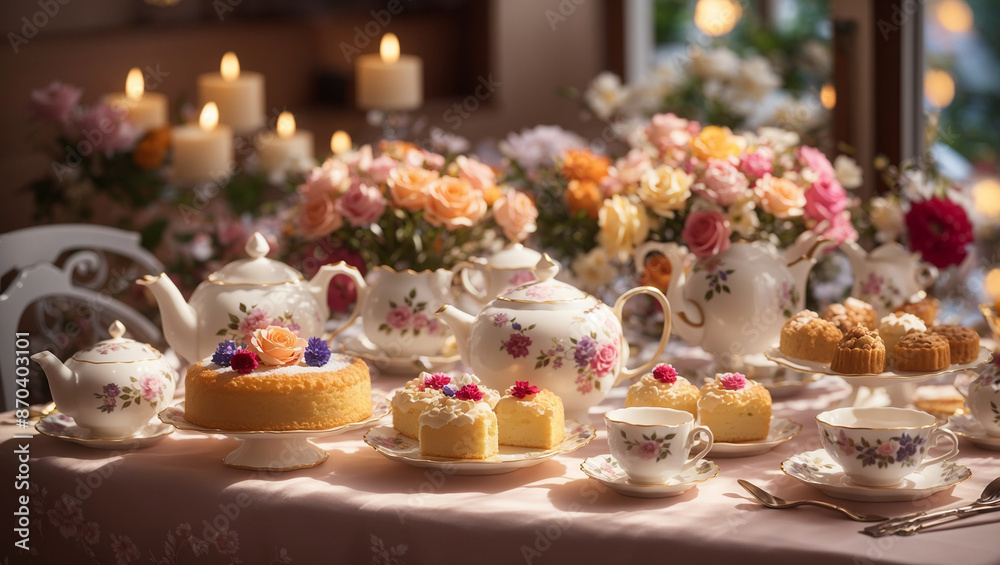 It's a table setting with a teapot, cups, and small cakes with berries on top.
It's a table setting with a teapot, cups, and small cakes with berries on top.