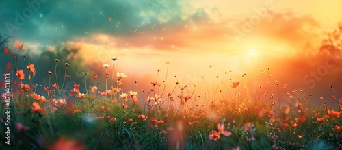 Scenic grassland with flowers on a hill, a tropical forest, and a meadow beneath a soft green blur; a stunning sunset silhouette in twilight backdrop, suitable as a copy space image.