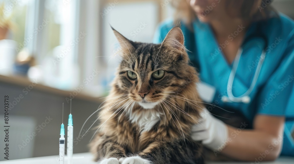 A fluffy cat receives veterinary care from a professional wearing scrubs and gloves. Close-up of the cat and medical supplies. A fluffy cat receives veterinary care from a professional wearing scrubs and gloves. Close-up of the cat and medical supplies.
