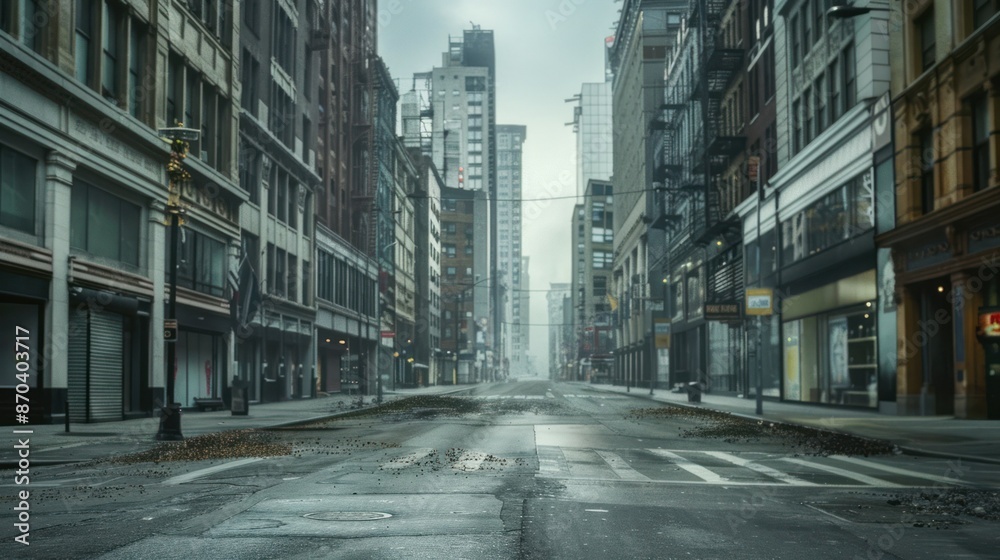 Empty city street with tall buildings in the background, creating a dramatic and desolate urban scene. Empty city street with tall buildings in the background, creating a dramatic and desolate urban scene.