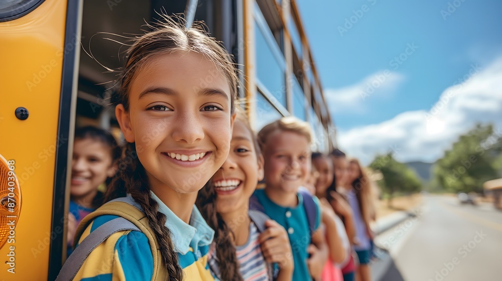 Obraz premium smiling students boarding a bright yellow school bus on a sunny morning, they begin a new school year
