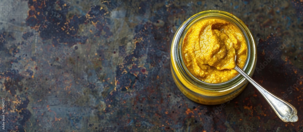 Aerial view of a jar of Dijon mustard with a spoon inside, offering copy space image. Aerial view of a jar of Dijon mustard with a spoon inside, offering copy space image.
