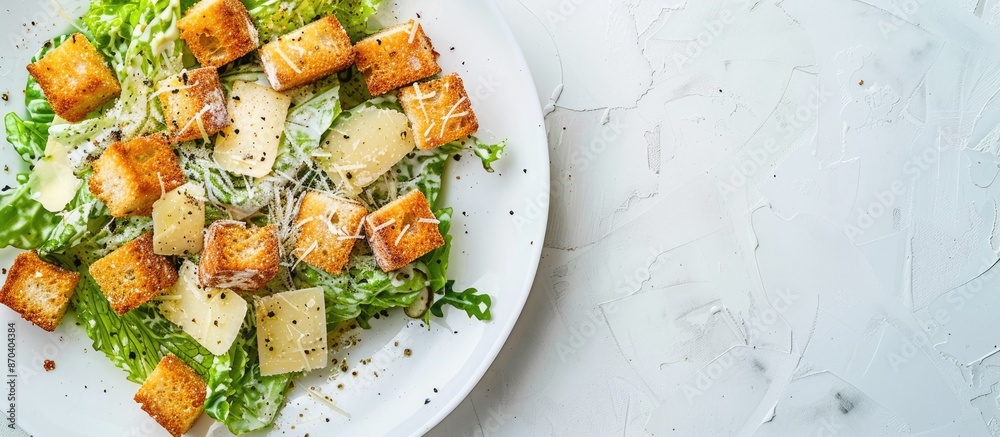 Caesar salad garnished with croutons and Parmesan cheese, displayed on a white plate with a copy space image. Caesar salad garnished with croutons and Parmesan cheese, displayed on a white plate with a copy space image.