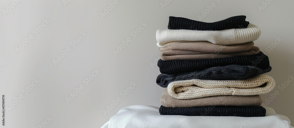 A stack of women's pants on a white backdrop, perfect for displaying clothing products. The image offers copy space and a top-down view, suitable for showcasing clothes for sale, shopping, and A stack of women's pants on a white backdrop, perfect for displaying clothing products. The image offers copy space and a top-down view, suitable for showcasing clothes for sale, shopping, and