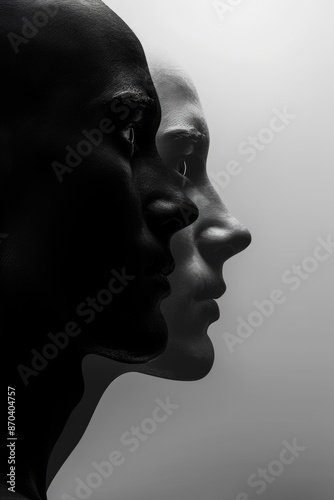 A black and white photo of two faces with one being a mirror image of the other. The photo has a moody and mysterious feel to it, as if the viewer is looking into a different world © vefimov