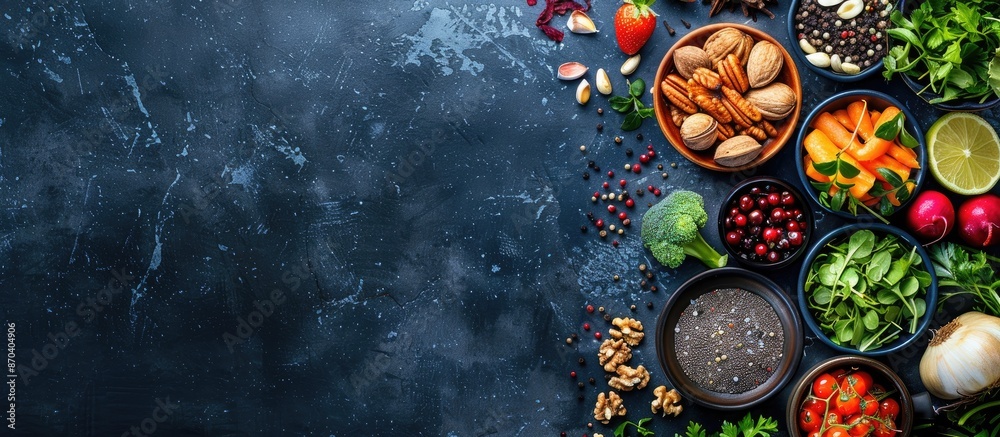 Ingredients for healthy cooking like vegetables, fruits, nuts, and spices create a balanced diet on a dark backdrop. The top view features a copy space image. Ingredients for healthy cooking like vegetables, fruits, nuts, and spices create a balanced diet on a dark backdrop. The top view features a copy space image.