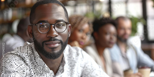 Confident african American male boss work cooperate with diverse team at office briefing, focused biracial businessman head meeting, collaborate discuss business ideas with colleagues at meeting