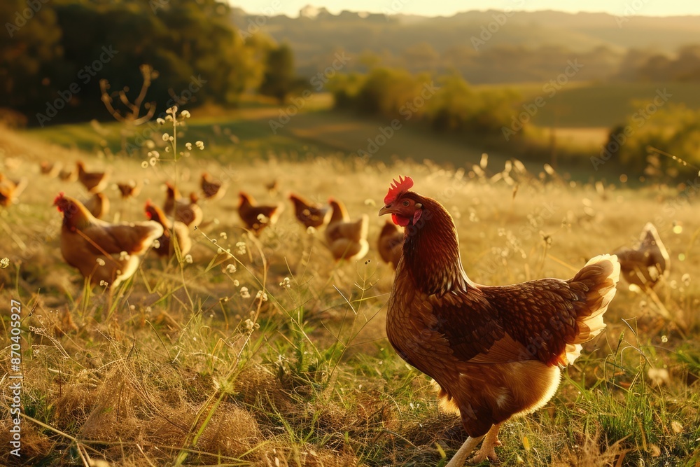 Fototapeta premium Chicken Field. Agricultural Scene with Brown Chickens in Australian Countryside