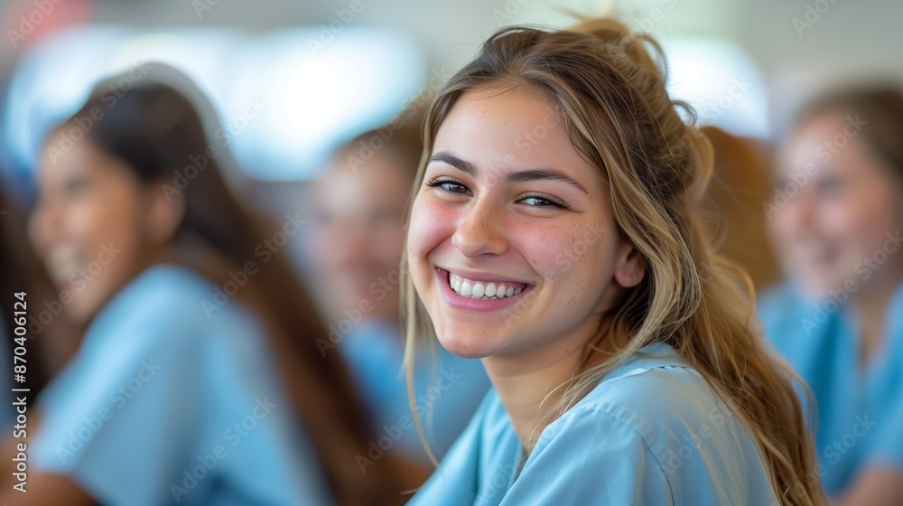 A diverse group of female nurse students, smiling and engaged in learning together in the classroom A diverse group of female nurse students, smiling and engaged in learning together in the classroom