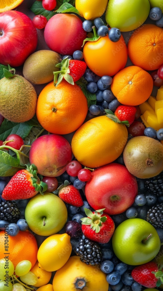 Vibrant mix of fresh fruits including apples, kiwis, berries, peaches, and grapes, showcasing a colorful and healthy assortment of nature's bounty.
Vibrant mix of fresh fruits including apples, kiwis, berries, peaches, and grapes, showcasing a colorful and healthy assortment of nature's bounty.