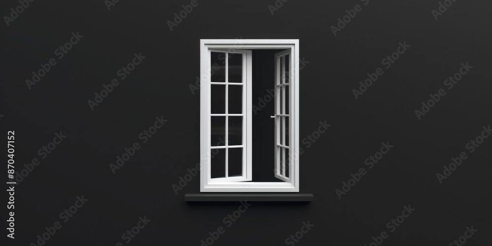 Obraz premium A window is open on a black wall. The window is white and has a black frame. The window is the only thing visible in the image