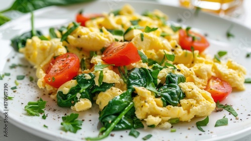 Spinach and Eggs. Rustic Omelet with Spinach and Tomato on a White Plate